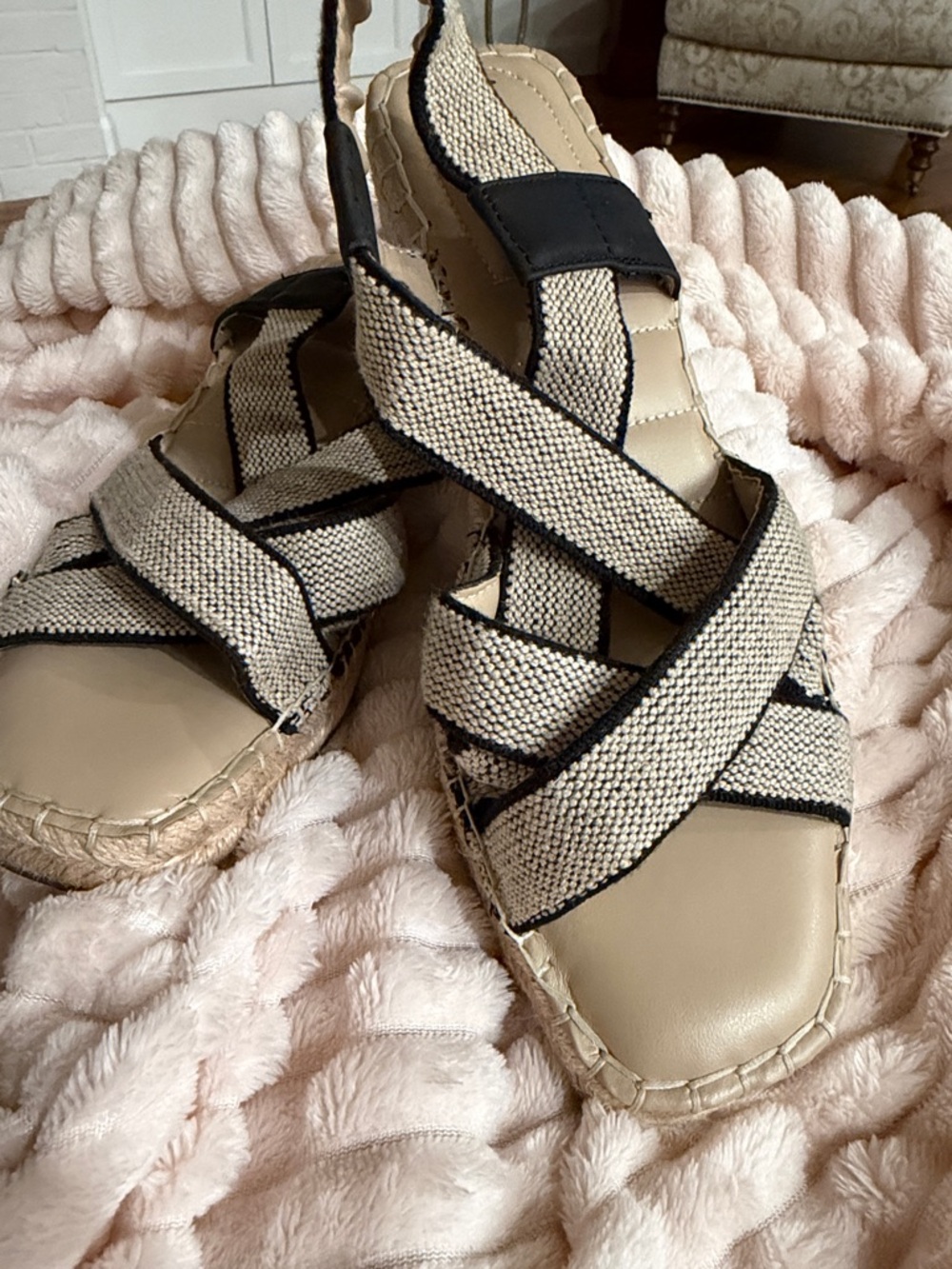 me too Beige and Black Crisscross Espadrille Sandals